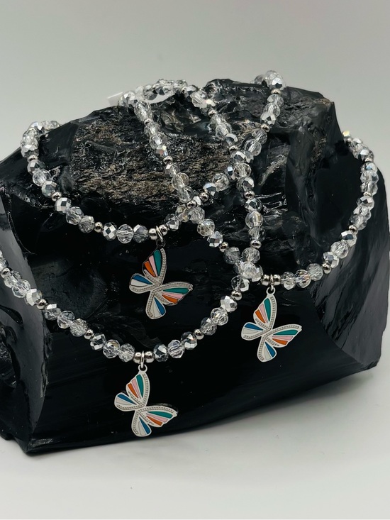 Jewelry - *ANKLET* S. Steel Silver Butterfly & Silver Crystal Stretchy Anklet